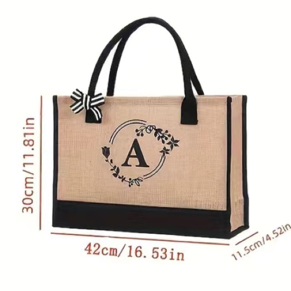 Large Capacity Burlap Tote Bag Letter M Print Shoulder Bag Shopping Bag - NWT - Picture 2 of 2